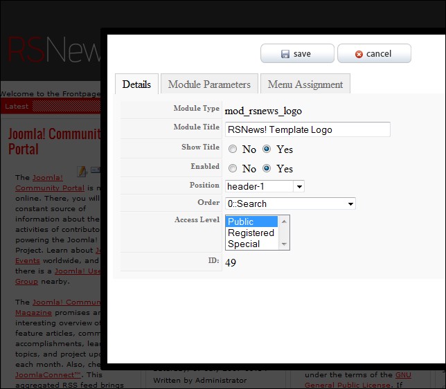 RSNews! - edit modules from frontend